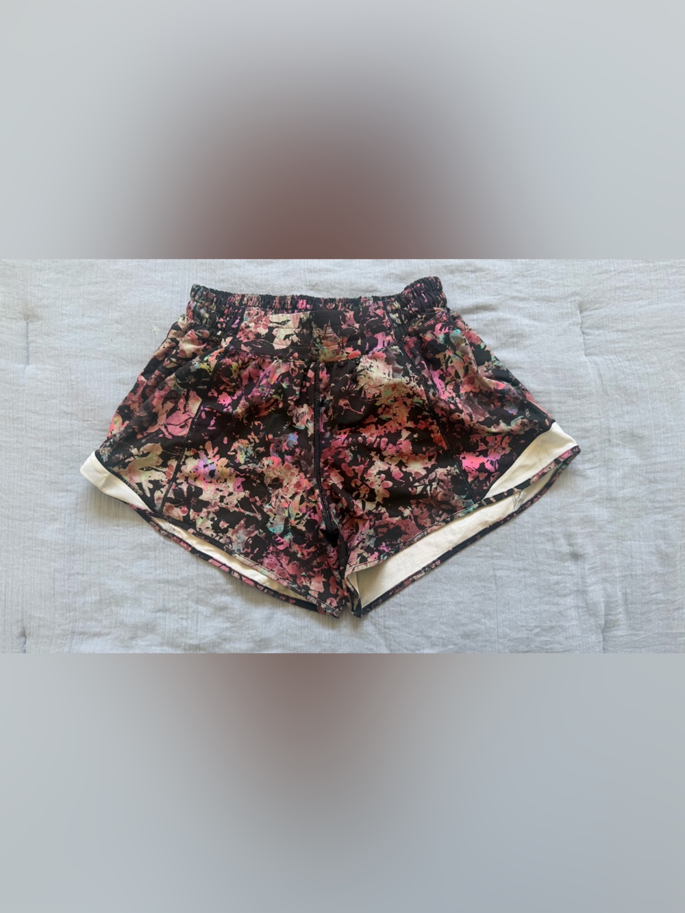 Lululemon Floral Abstract Athletic Shorts - Black with Pink & Cream